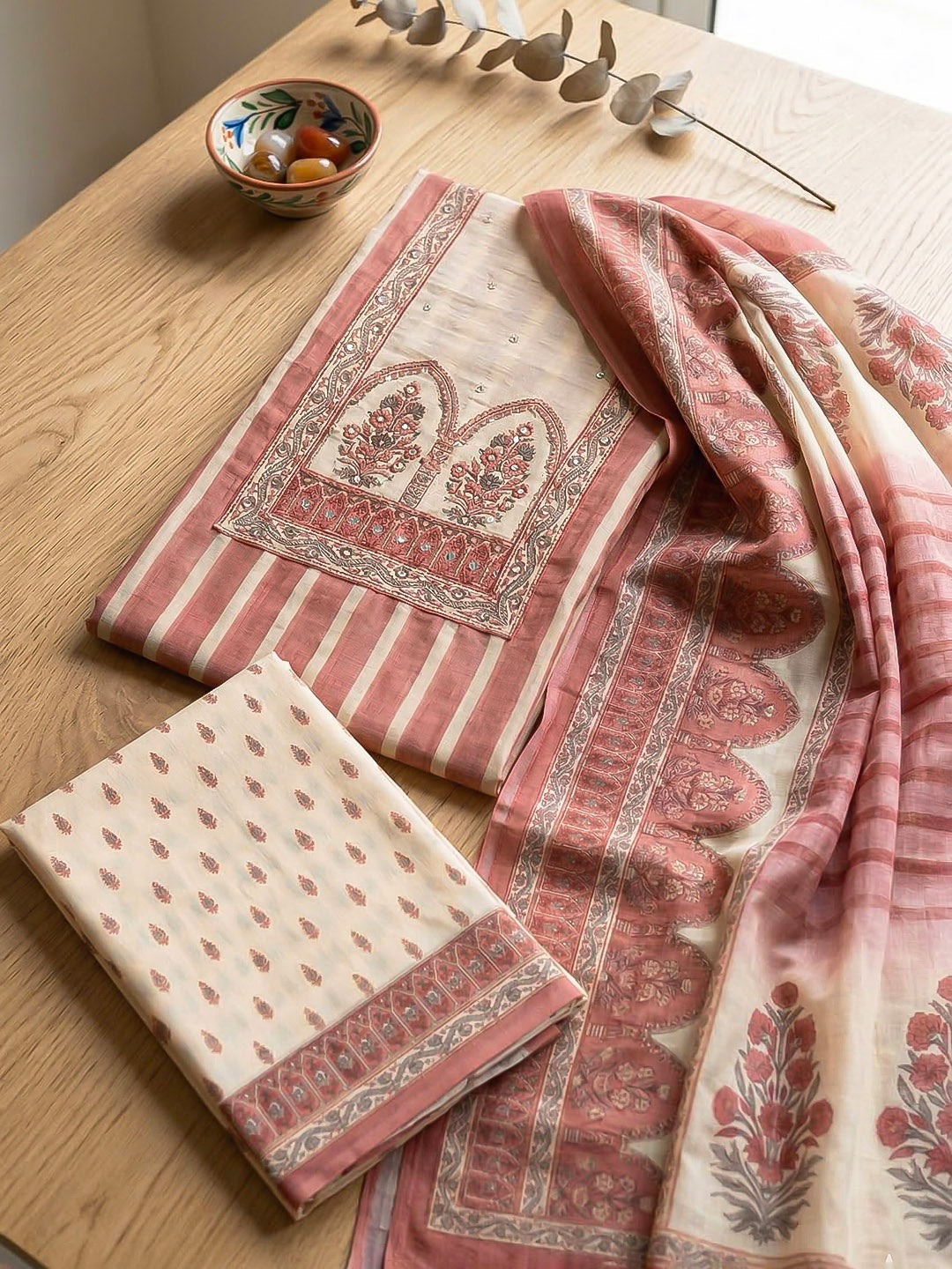 Printed Cotton Blend Unstitched Suit With Pant &amp; Dupatta