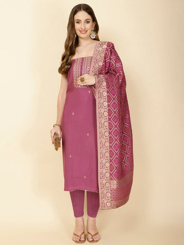 Neck Embroidery Chanderi Unstitched Suit Piece With Banarsi Dupatta