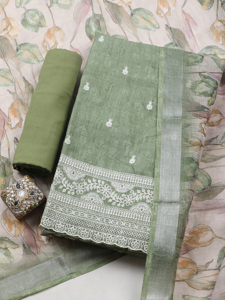 Embroidered Linen Blend Unstitched Suit With Pant &amp; Dupatta