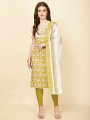 Patch Neck Printed Cotton Unstitched Suit Piece With Dupatta