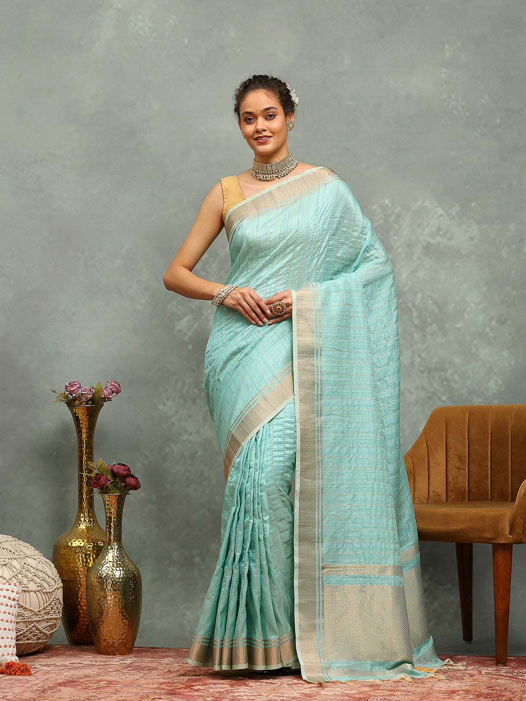 Embroidered Border Booti Art Silk Saree