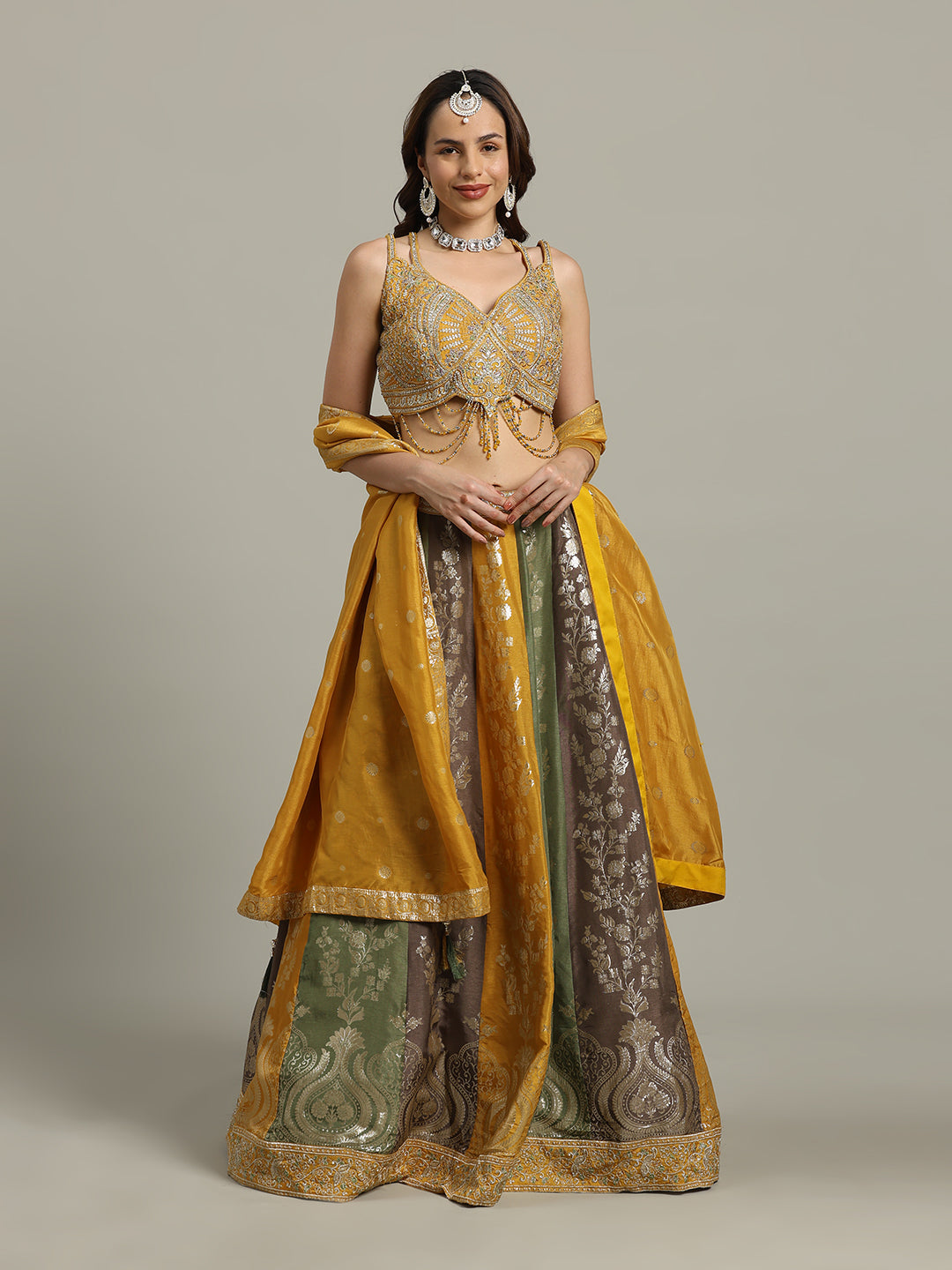 Embroidered Banarasi Choli With Lehenga &amp; Dupatta