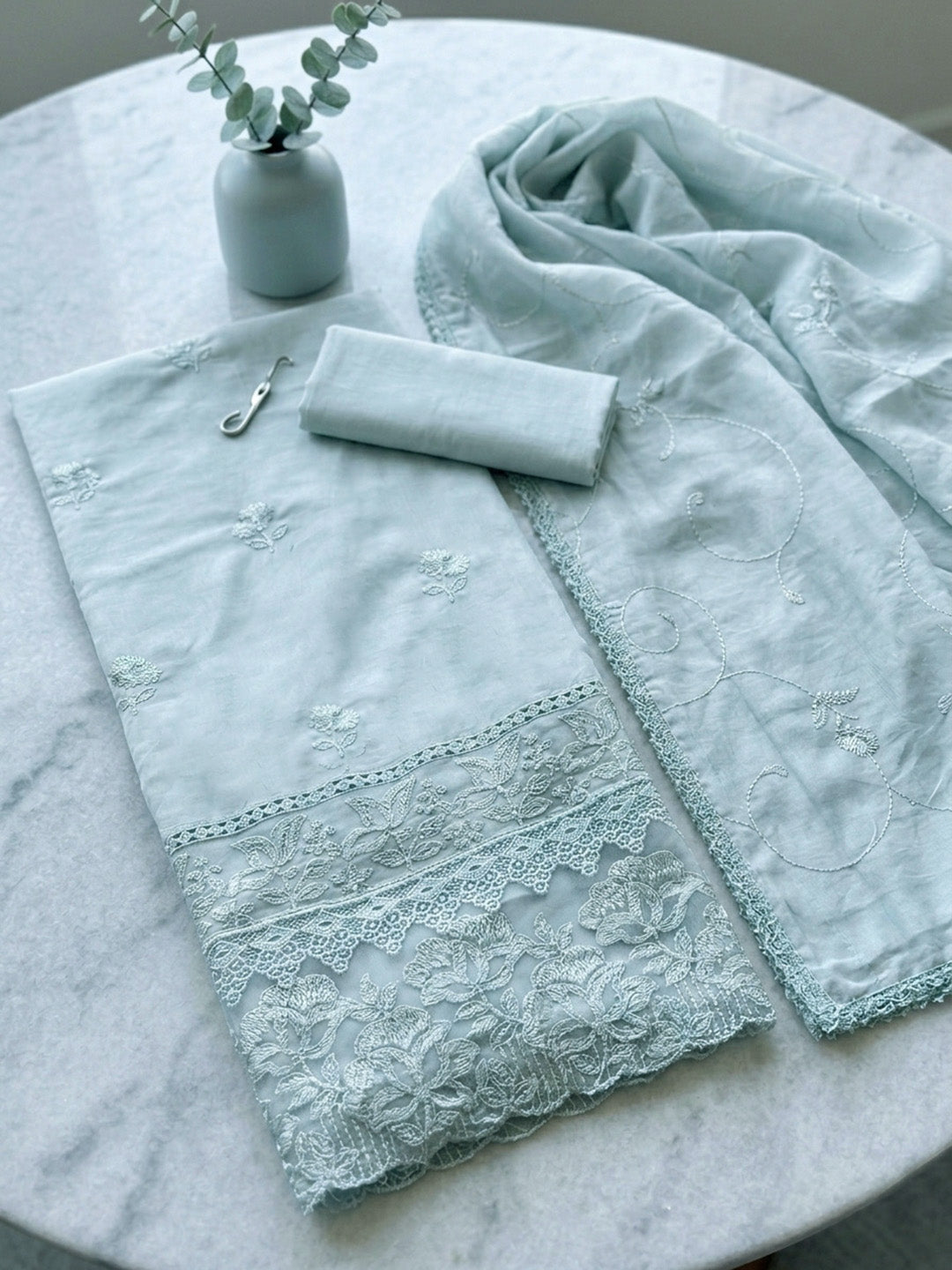 Embroidered Cotton Blend Unstitched Suit With Pant &amp; Dupatta