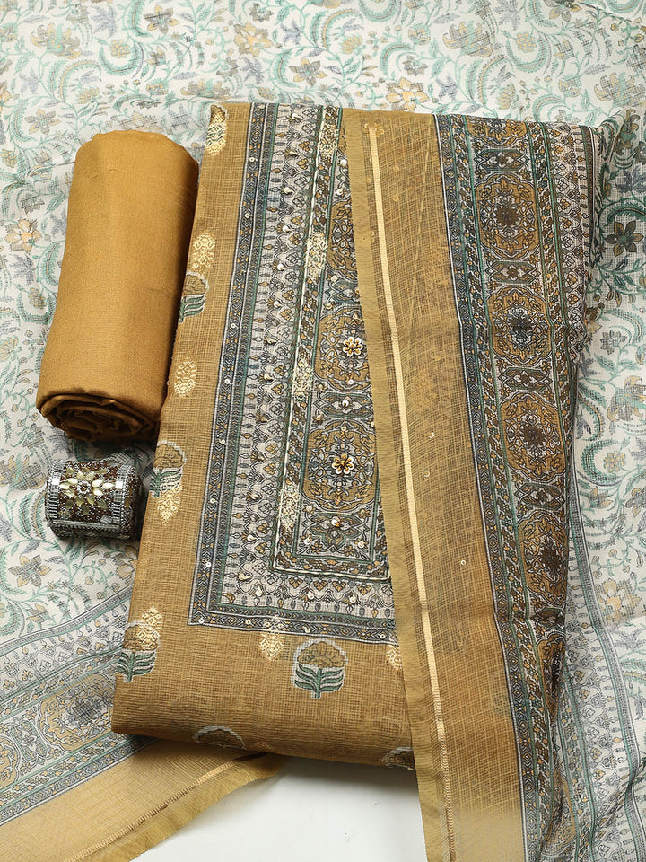 Embroidered Linen Blend Unstitched Suit With Pant &amp; Dupatta