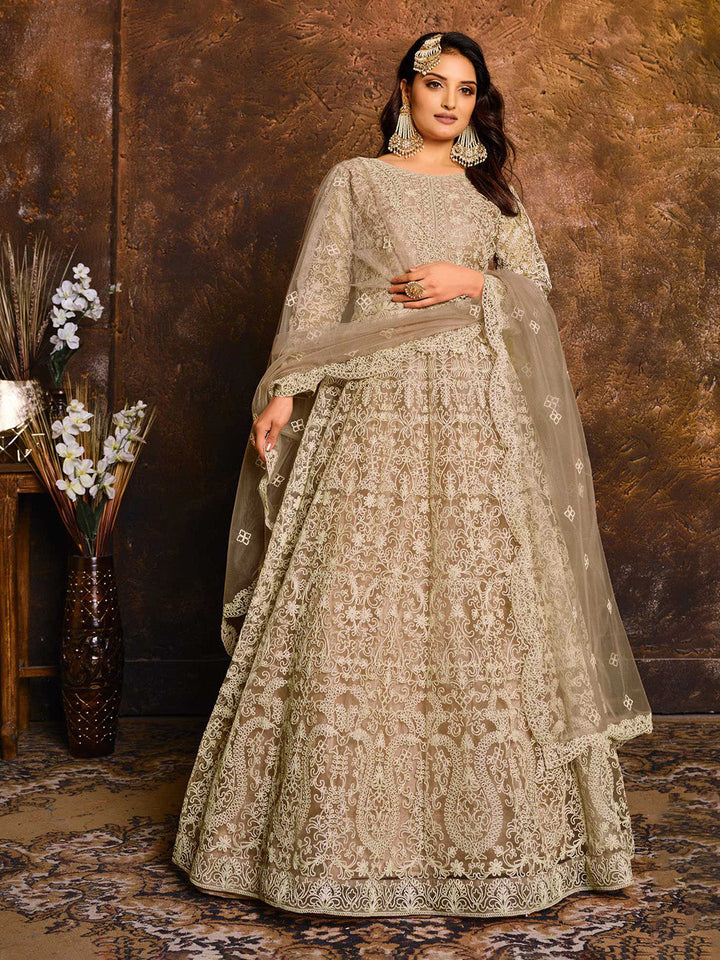 Embroidered Net Semi Stitched Kurta With Pant &amp; Dupatta