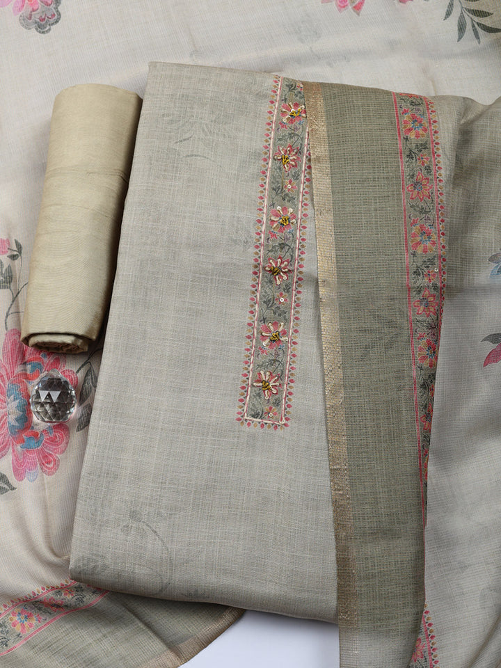 Embroidered Linen Blend Unstitched Suit With Pant Dupatta