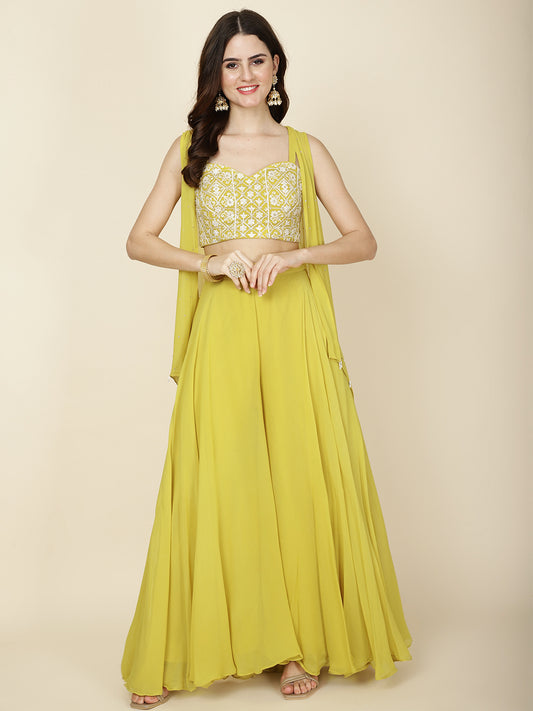 Resham Embroidered Georgette Crop Top With Sharara & Shrug
