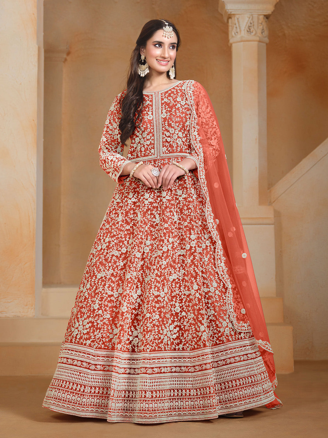 Embroidered Net Semi Stitched Kurta With Salwar &amp; Dupatta