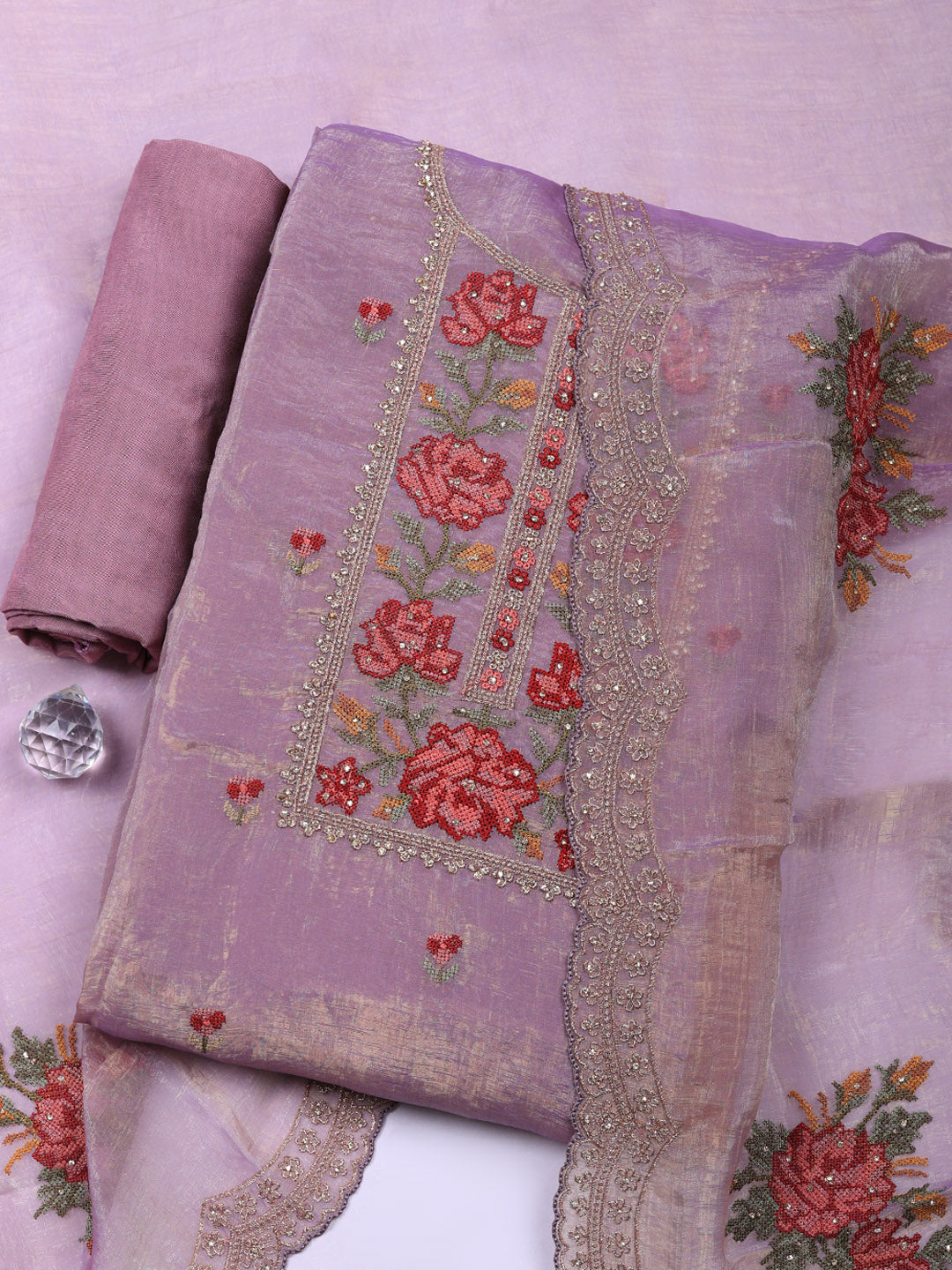 Embroidered Tissue Unstitched Suit With Pant &amp; Dupatta