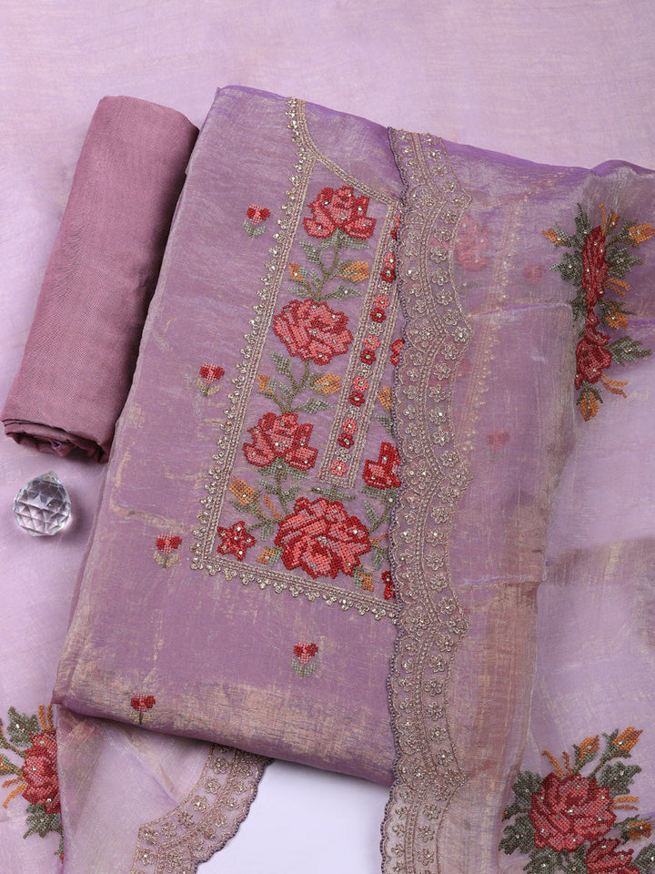 Embroidered Tissue Unstitched Suit With Pant &amp; Dupatta
