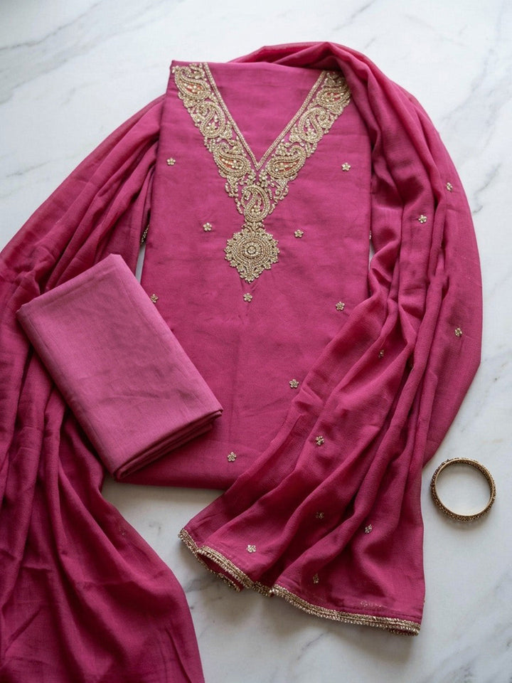 Embroidered Cotton Blend Unstitched Suit With Pant &amp; Dupatta