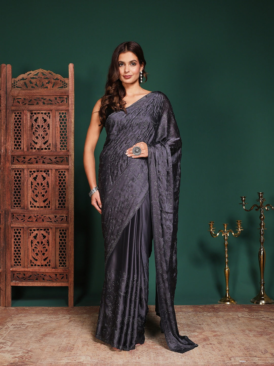 Embroidered Satin Saree