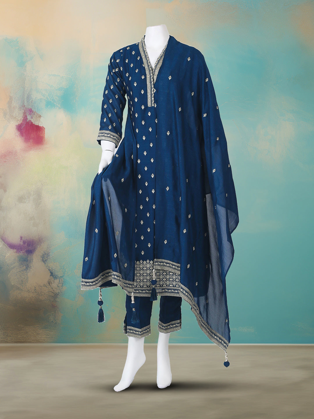 Embroidered Art Silk Kurta With Pant &amp; Dupatta