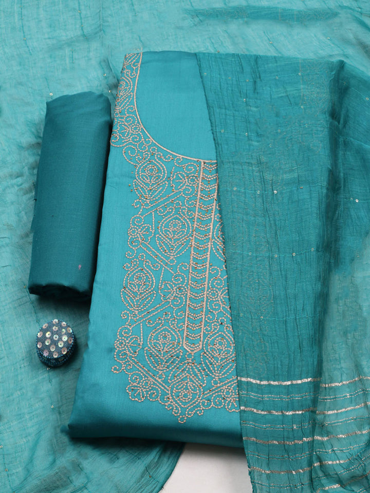 Embroidered Chanderi Unstitched Suit With Pant &amp; Dupatta