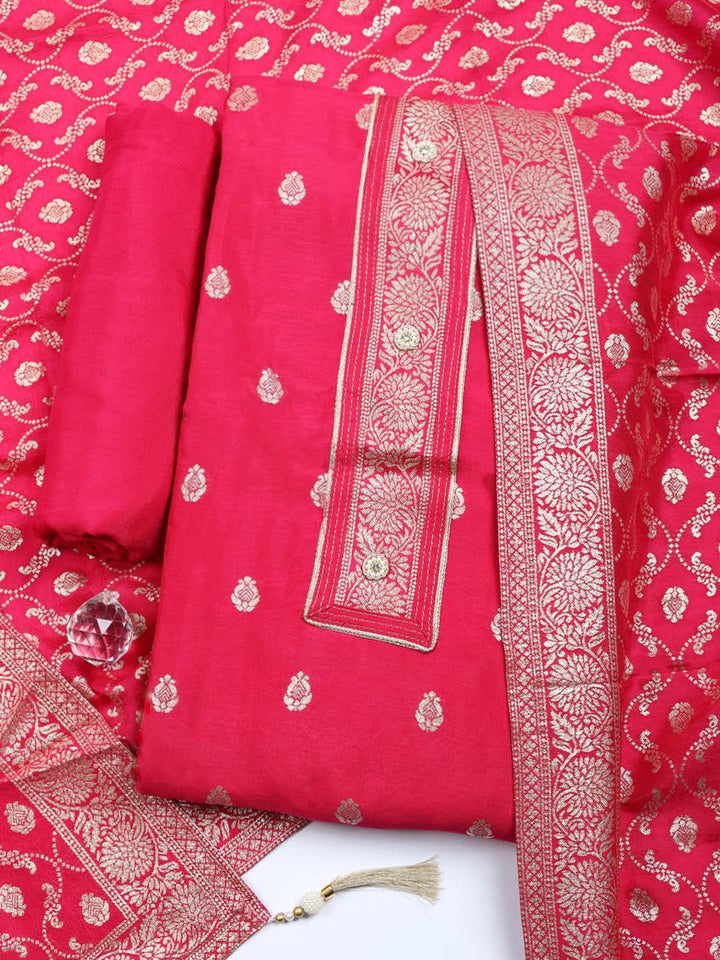 Embroidered Chanderi Unstitched Suit With Pant &amp; Dupatta