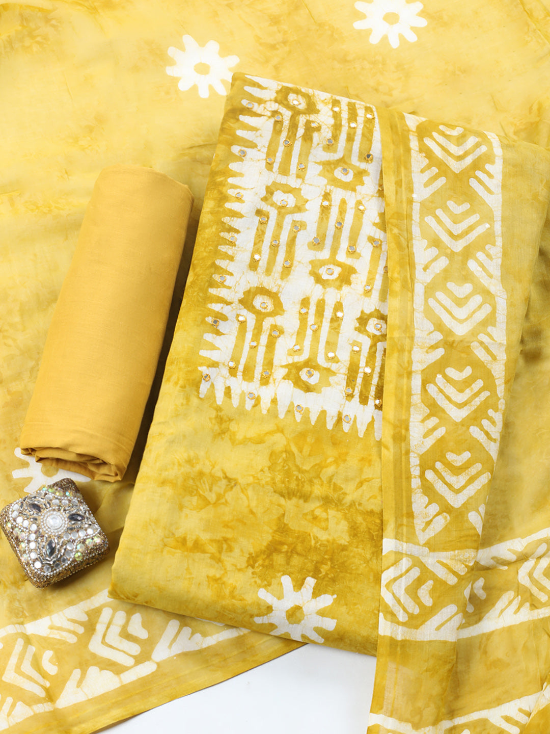 Printed Cotton Blend Unstitched Suit With Pant &amp; Dupatta