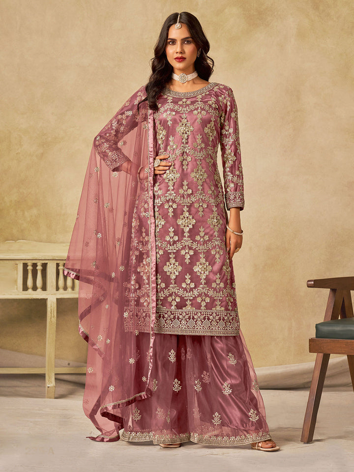 Embroidered Net  Semi Stitched Kurta With Sharara &amp; Dupatta
