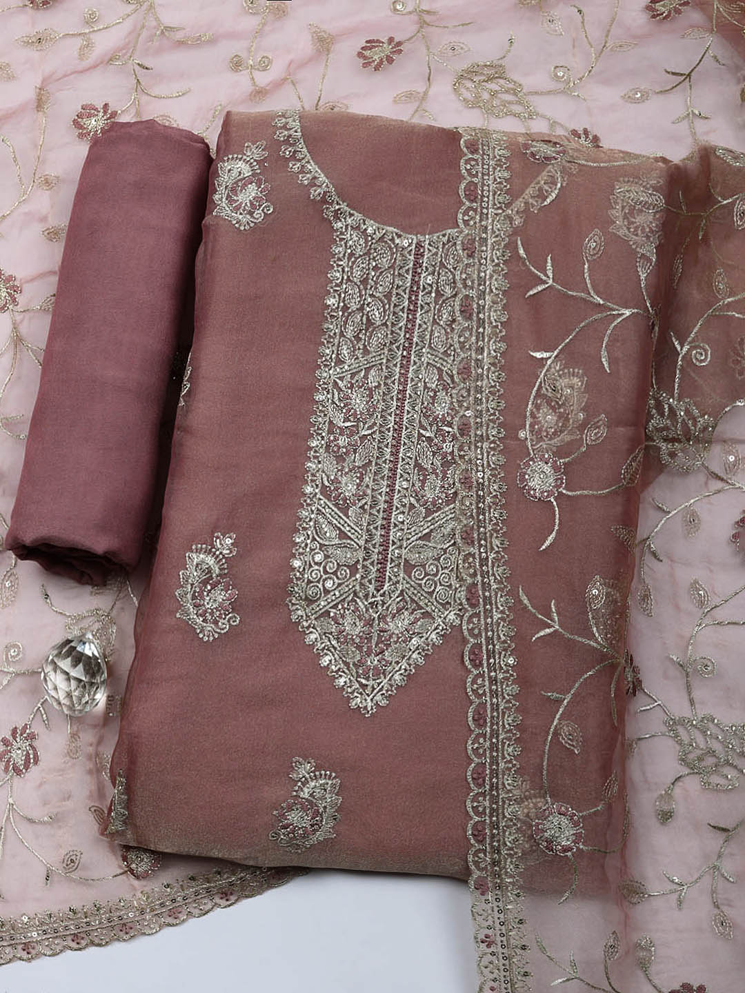 Embroidered Tissue Unstitched Suit With Pant &amp; Dupatta