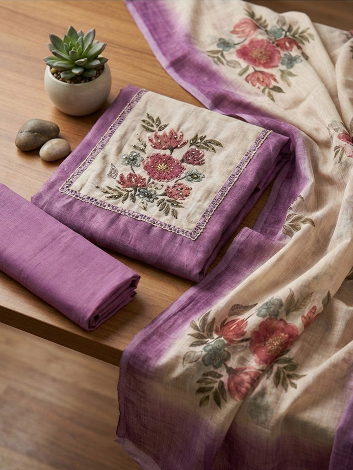 Embroidered Cotton Blend Unstitched Suit With Pant &amp; Dupatta