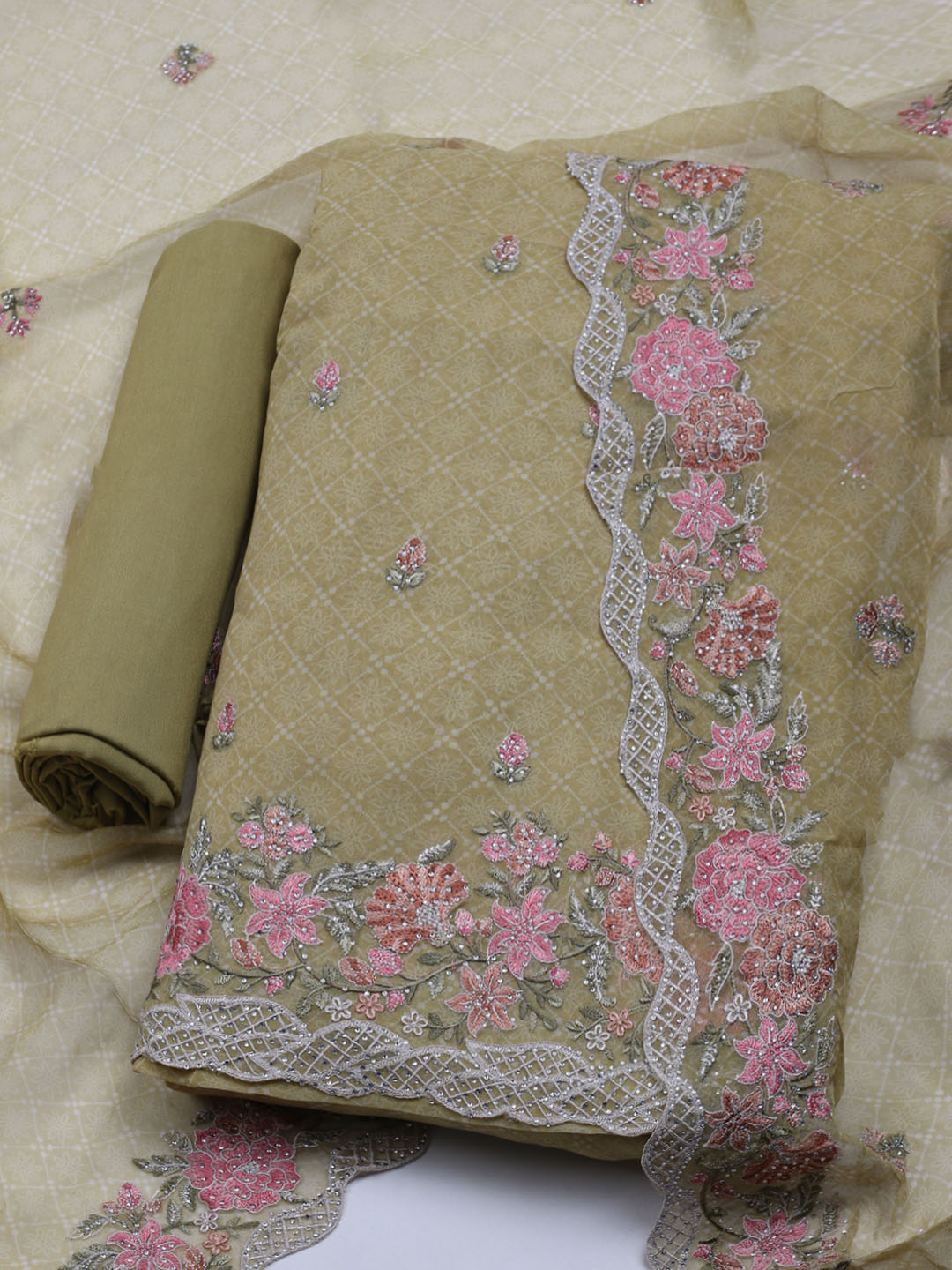 Embroidered Organza Unstitched Suit With Dupatta