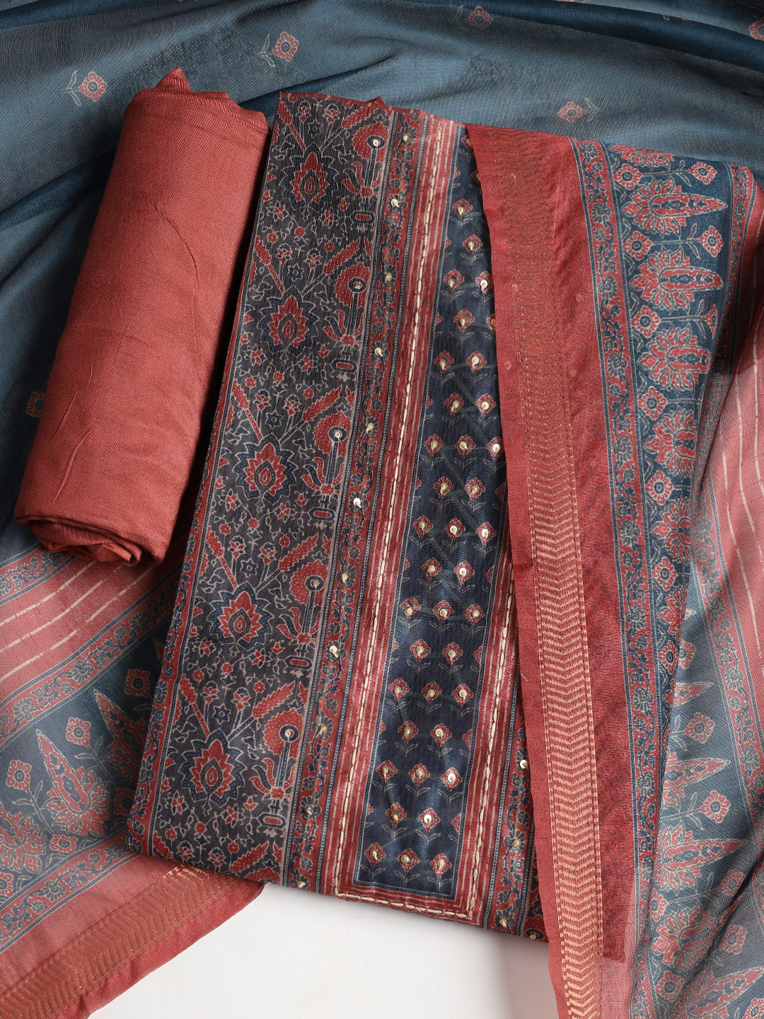 Neck Embroidered Chanderi Unstitched Suit With Dupatta