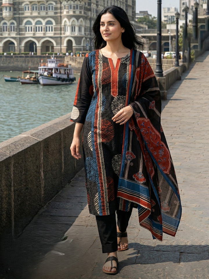 Embroidered Cotton Blend Kurta With Pant &amp; Dupatta