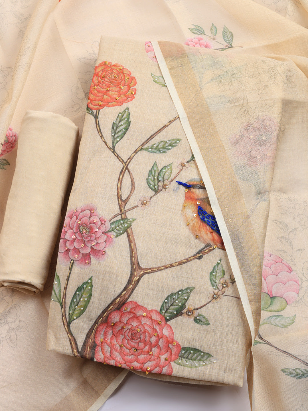 Printed Linen Blend Unstitched Suit With Pant &amp; Dupatta