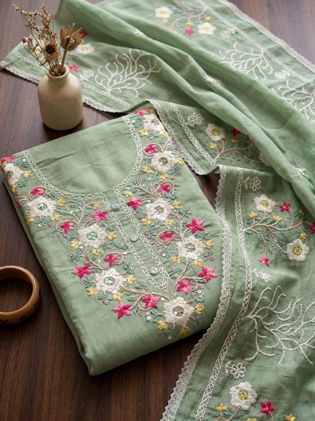 Embroidered Cotton Blend Unstitched Suit With Pant &amp; Dupatta