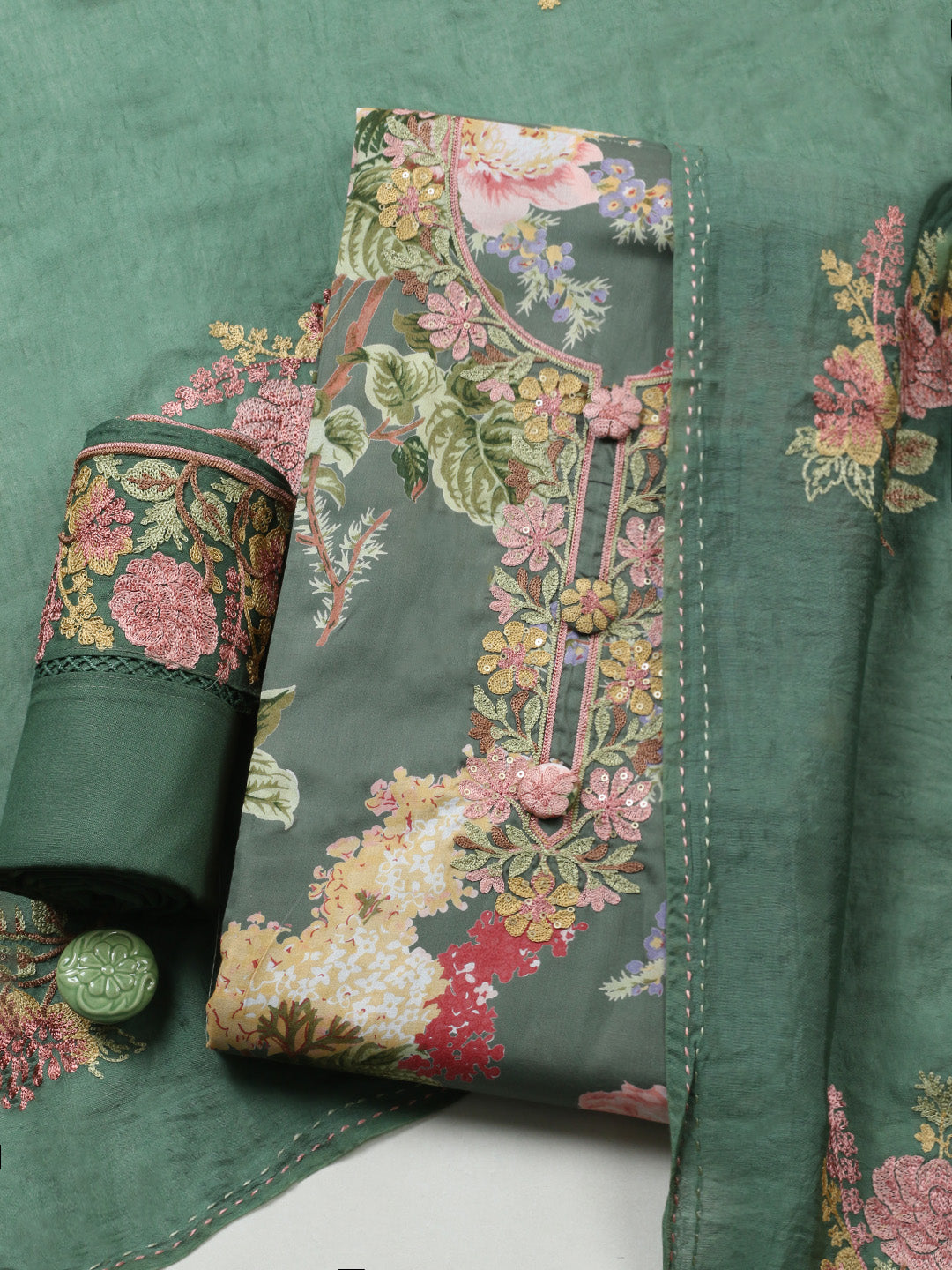 Embroidered Muslin Unstitched Suit With Pant &amp; Dupatta