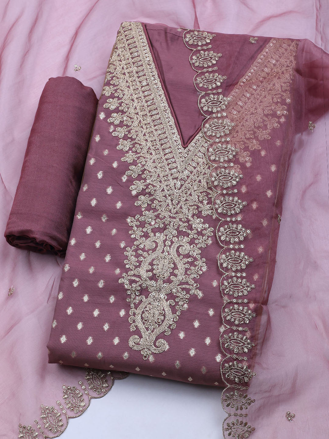 Neck Embroidered Chanderi Unstitched Suit With Dupatta
