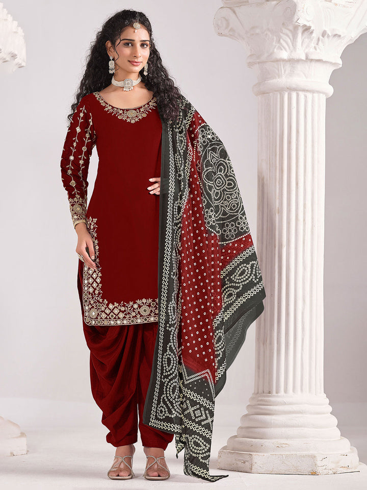 Embroidered Art Silk Semi Stitched Kurta With Patiala Salwar &amp; Dupatta