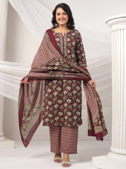 Printed Cotton Blend Kurta With Pants & Dupatta