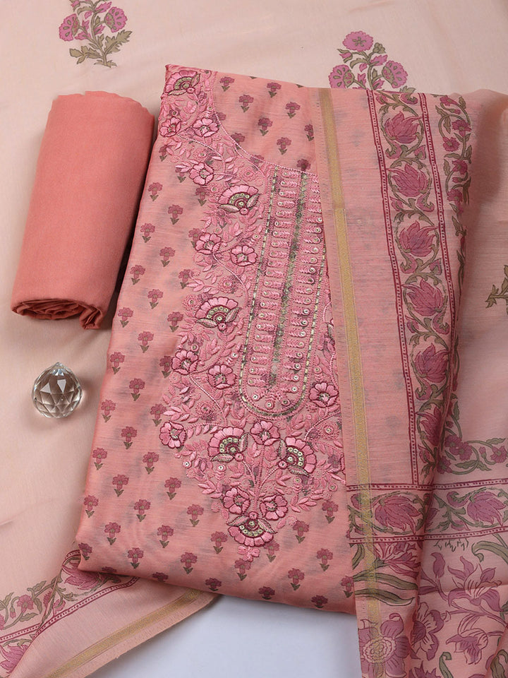 Embroidered Cotton Blend Unstitched Suit With Pant &amp; Dupatta