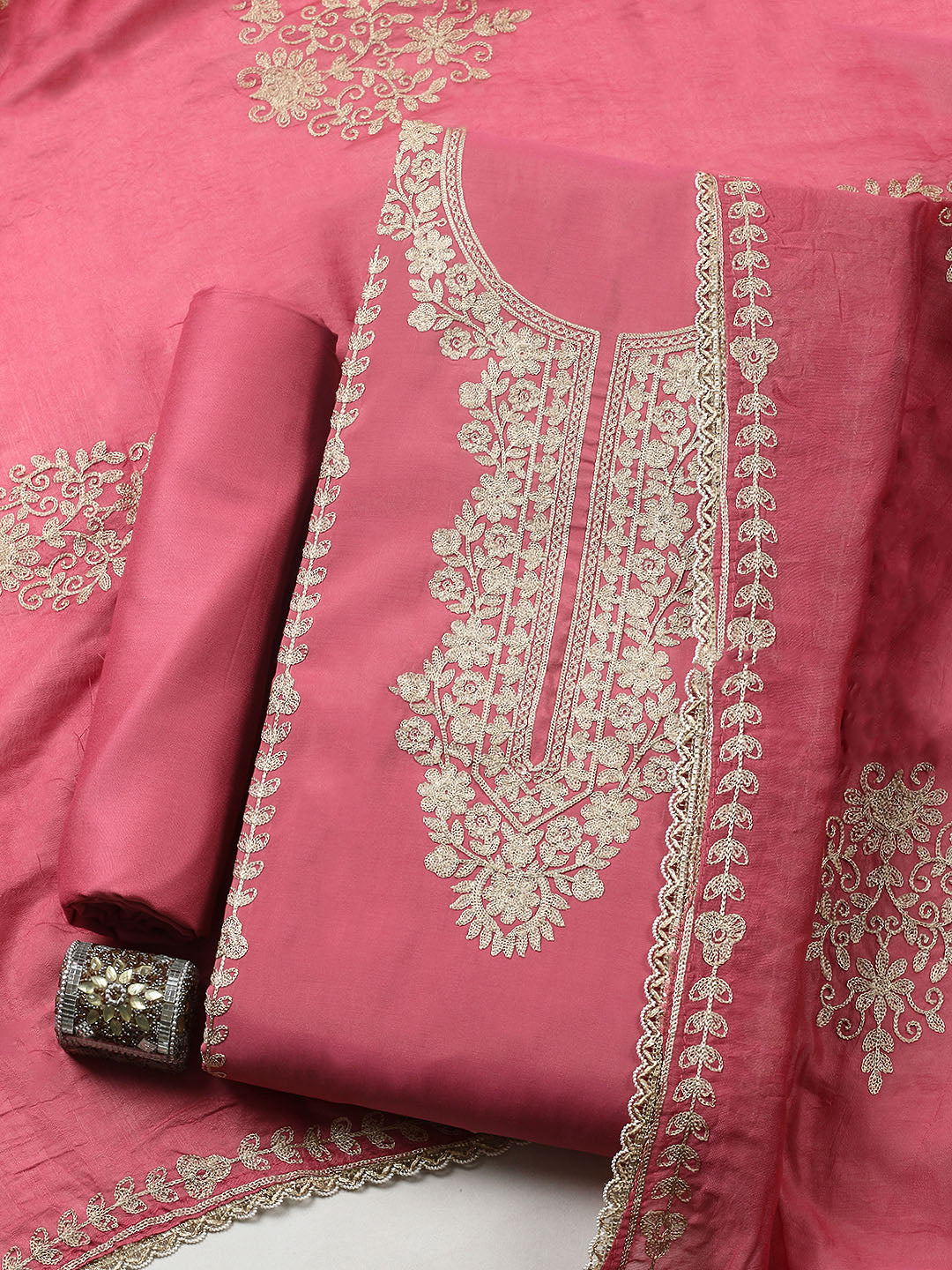 Embroidered Chanderi Unstitched Suit With Pant &amp; Dupatta