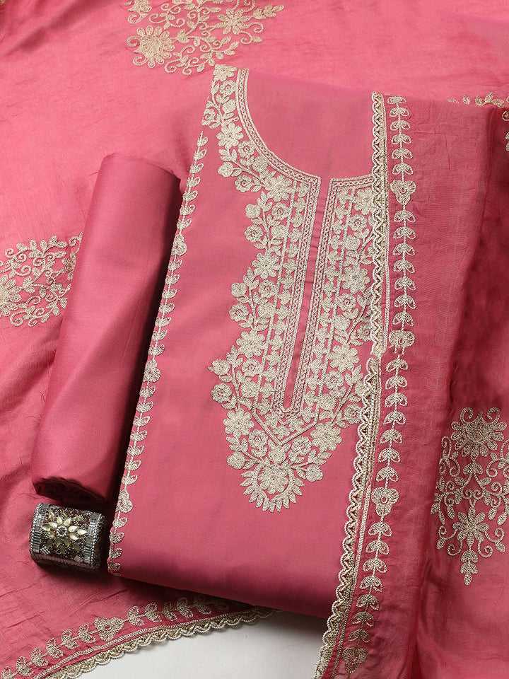 Embroidered Chanderi Unstitched Suit With Pant &amp; Dupatta