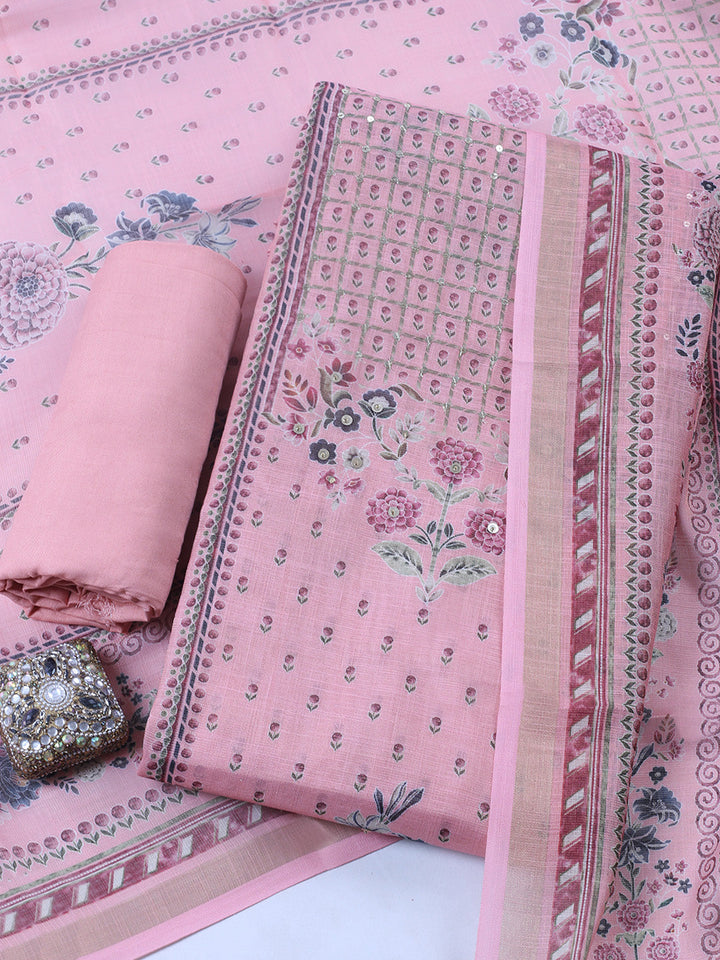 Printed Linen Blend Unstitched Suit With Pant &amp; Dupatta