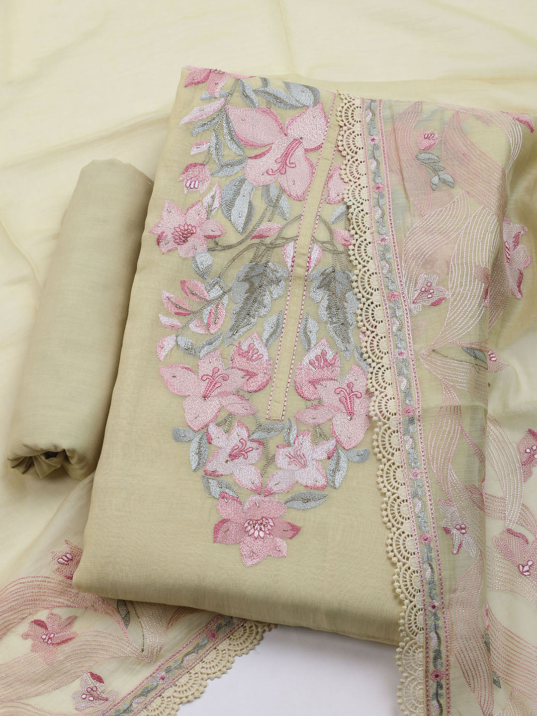 Embroidered Cotton Blend Unstitched Suit With Dupatta