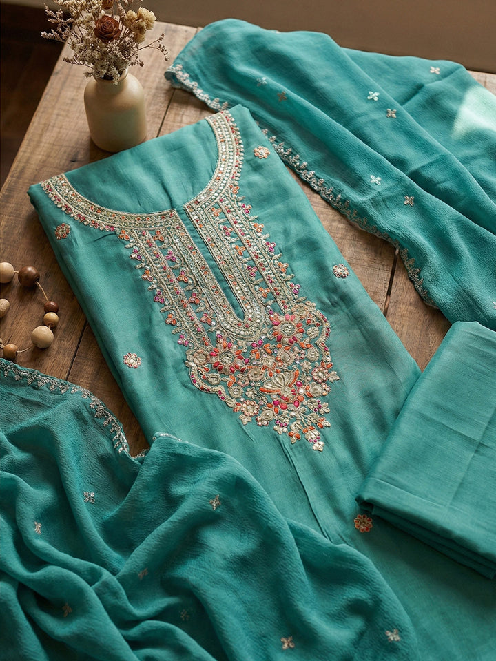 Embroidered Chanderi Unstitched Suit With Pant &amp; Dupatta