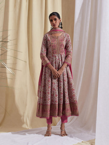 Floral Block Printed Anarkali Kurta With Pants & Dupatta