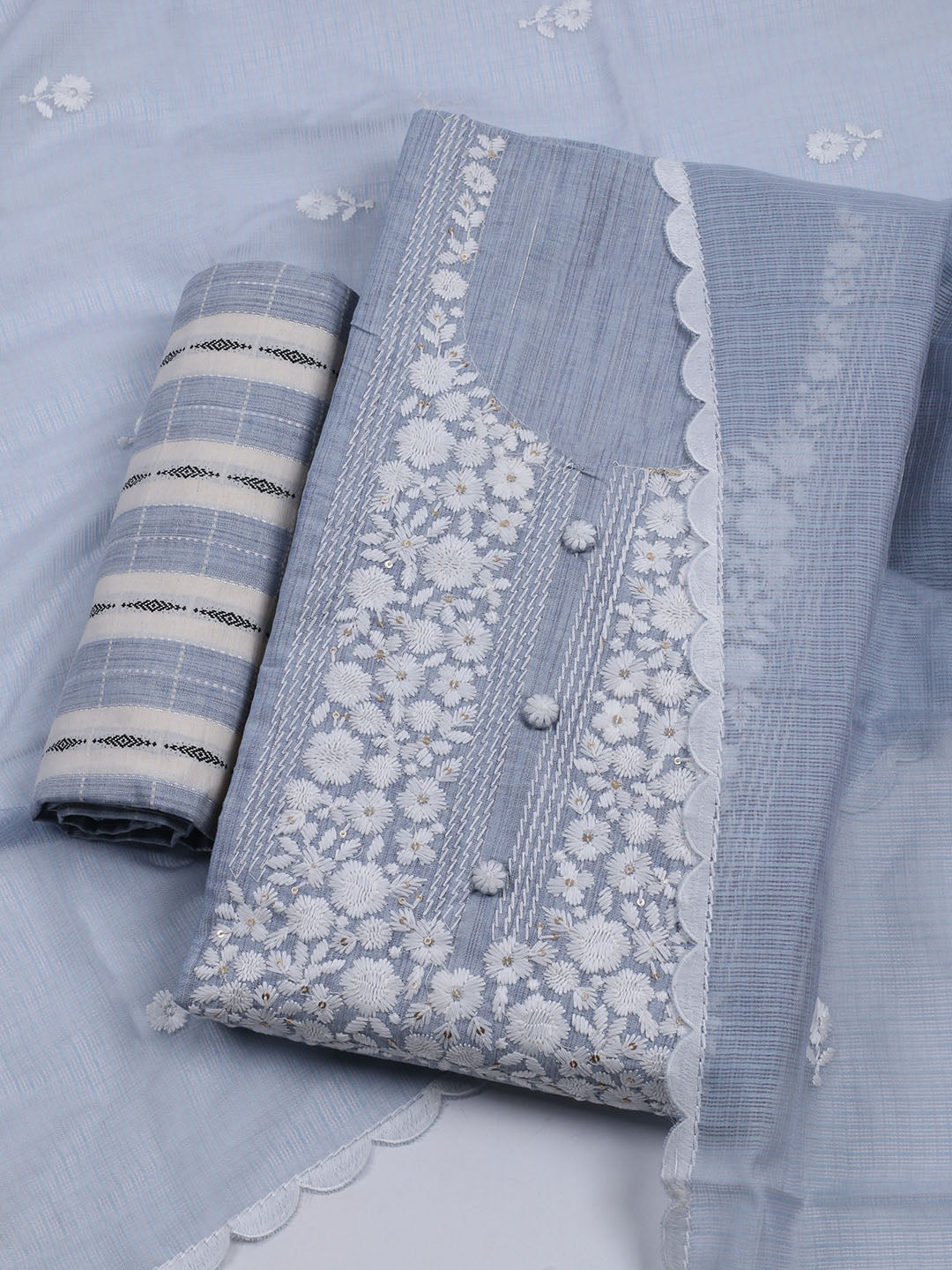 Neck Embroidered Cotton Blend Unstitched Suit With Dupatta