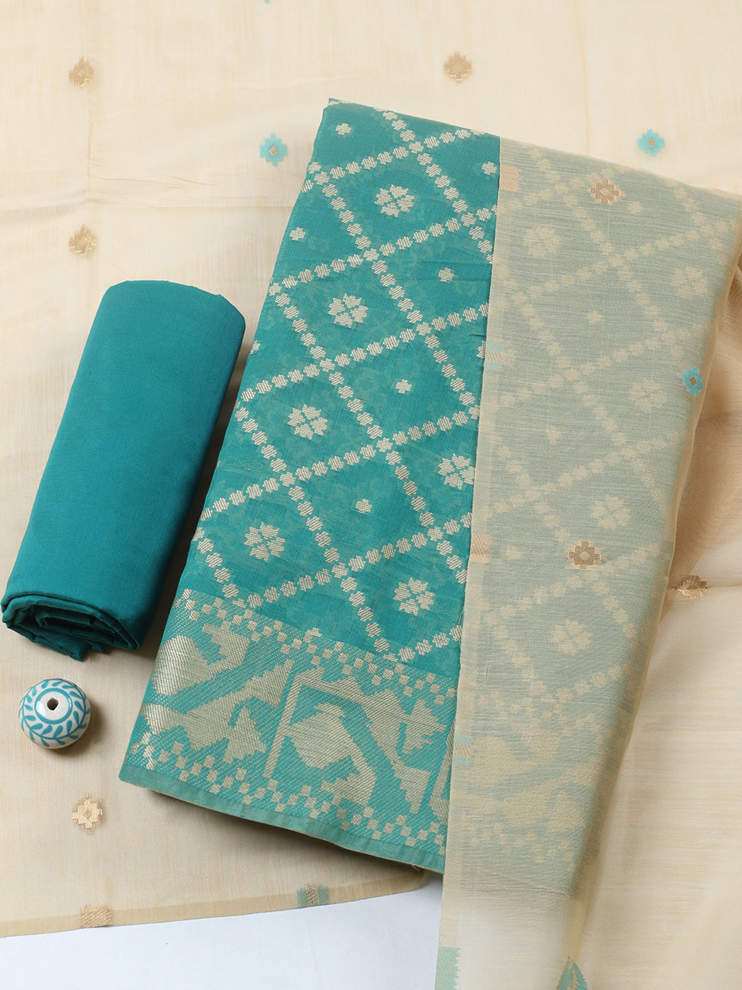 Printed Chanderi Unstitched Suit With Pant &amp; Dupatta