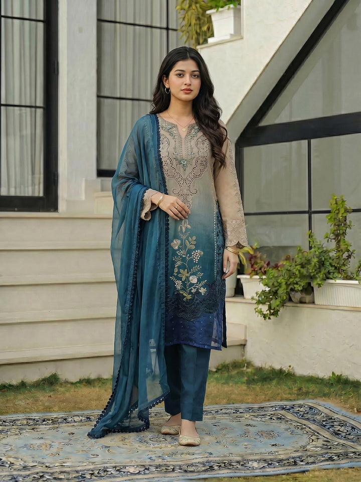 Embroidered Cotton Blend Suit Set With Dupatta