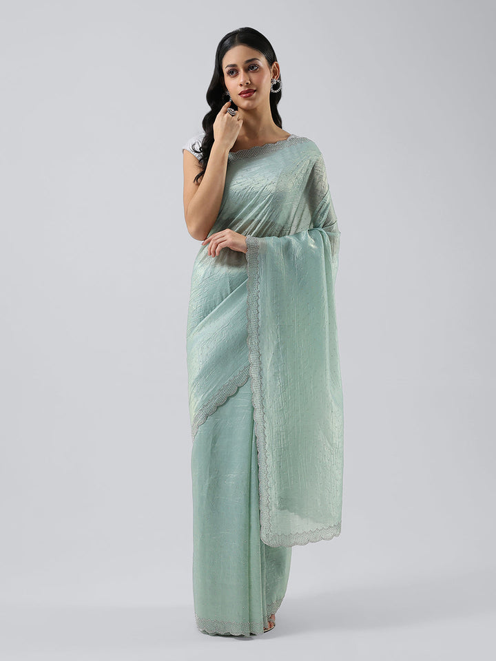 Swarovski Border Art-Chiffon Organza Plain Saree