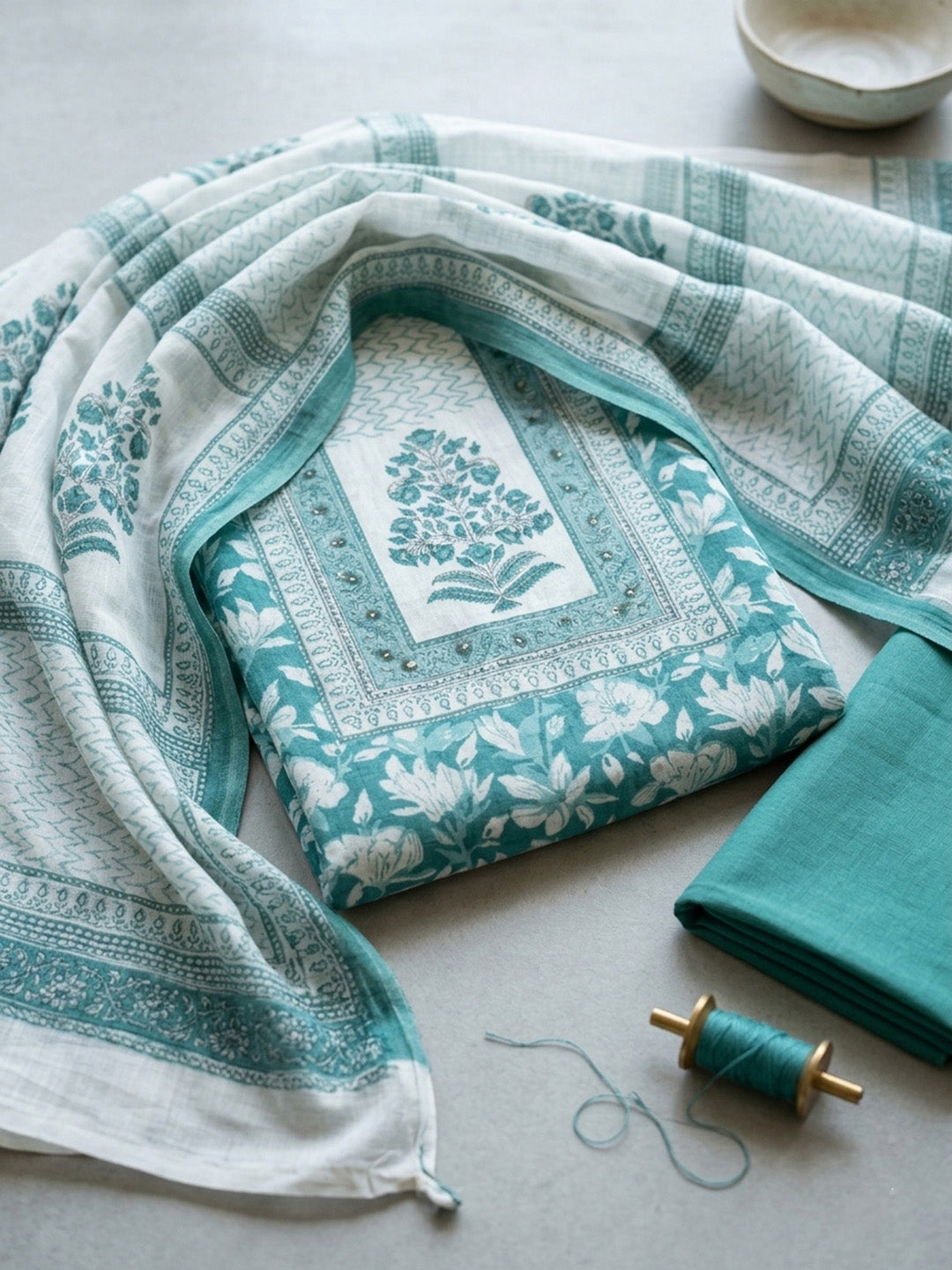 Printed Cotton Blend Unstitched Suit With Pant &amp; Dupatta