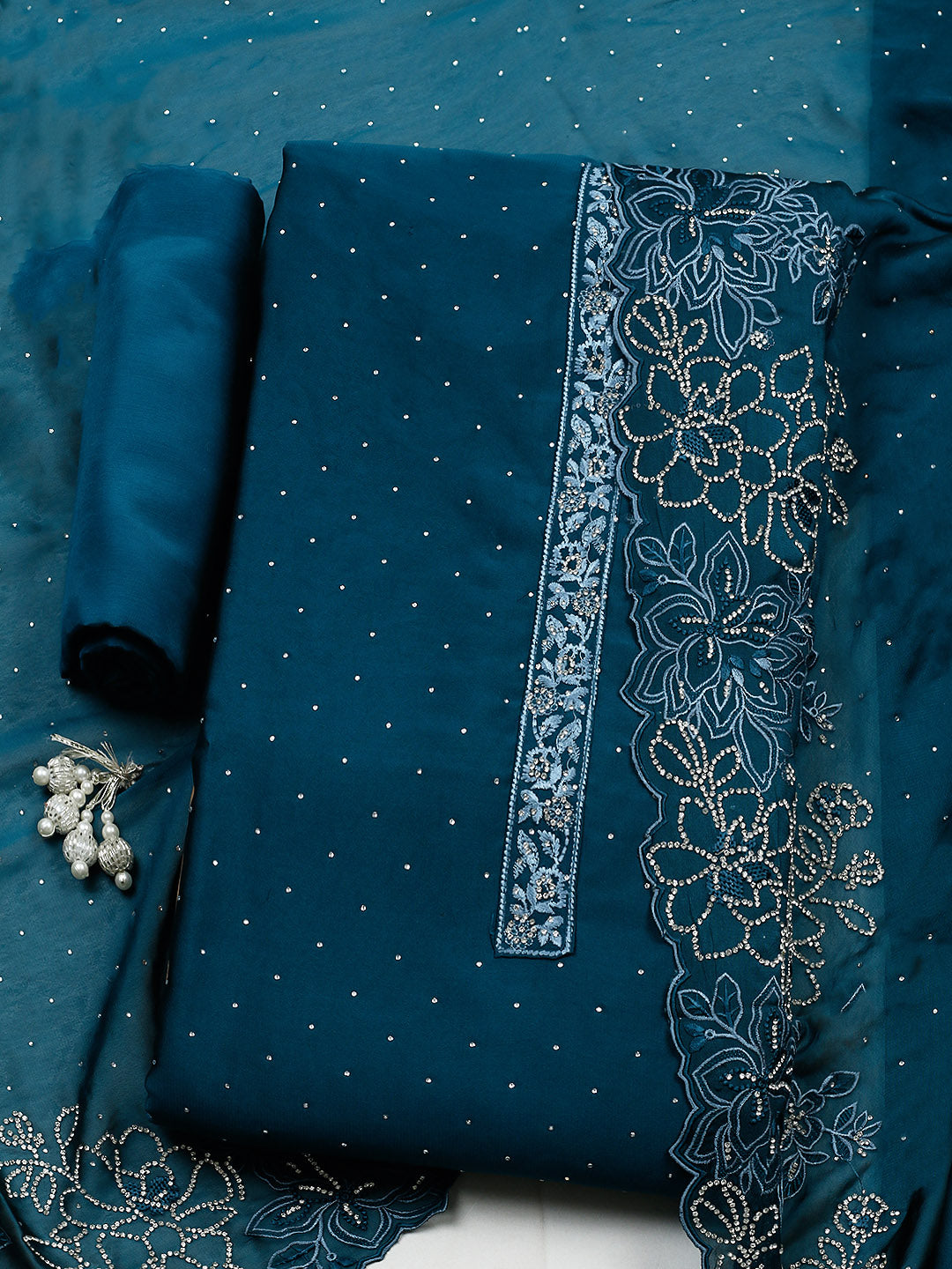 Embellished Art Silk Unstitched Suit With Pant &amp; Dupatta