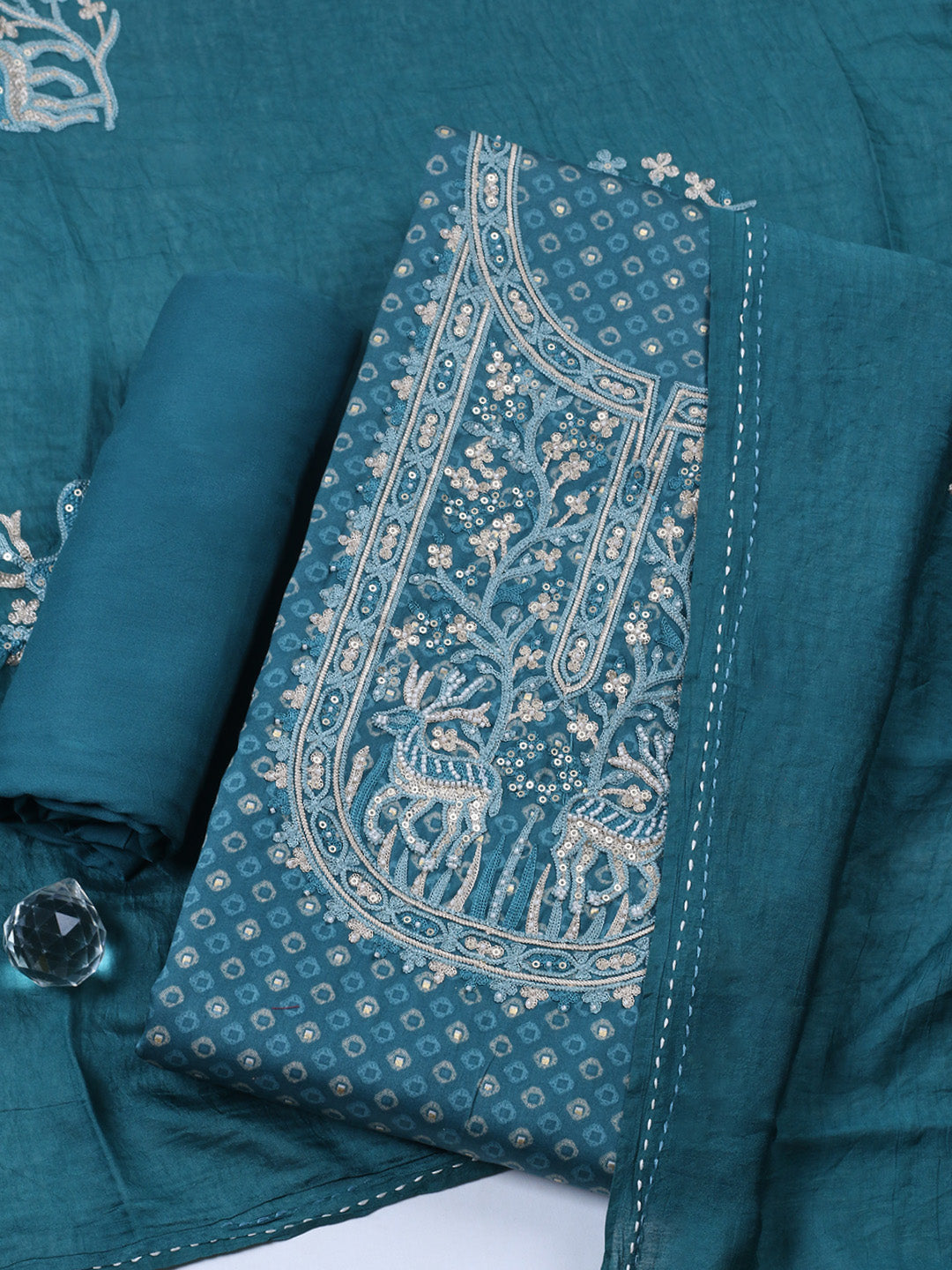 Embroidered Cotton Blend Unstitched Suit With Pant &amp; Dupatta
