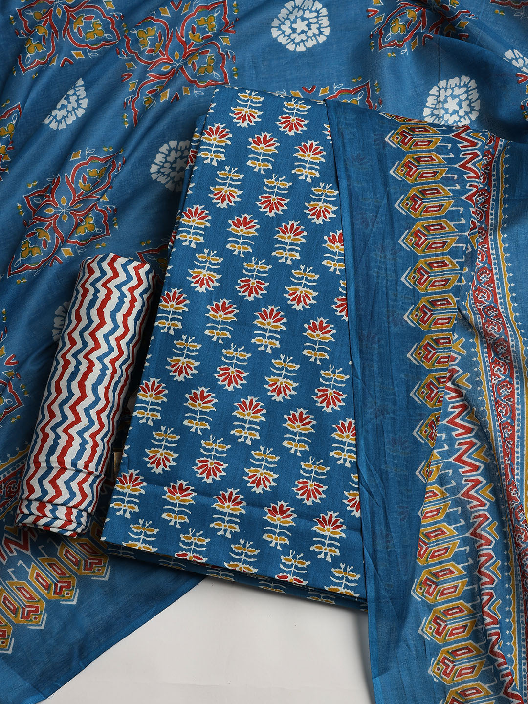 Printed Cotton Blend Unstitched Suit With Dupatta