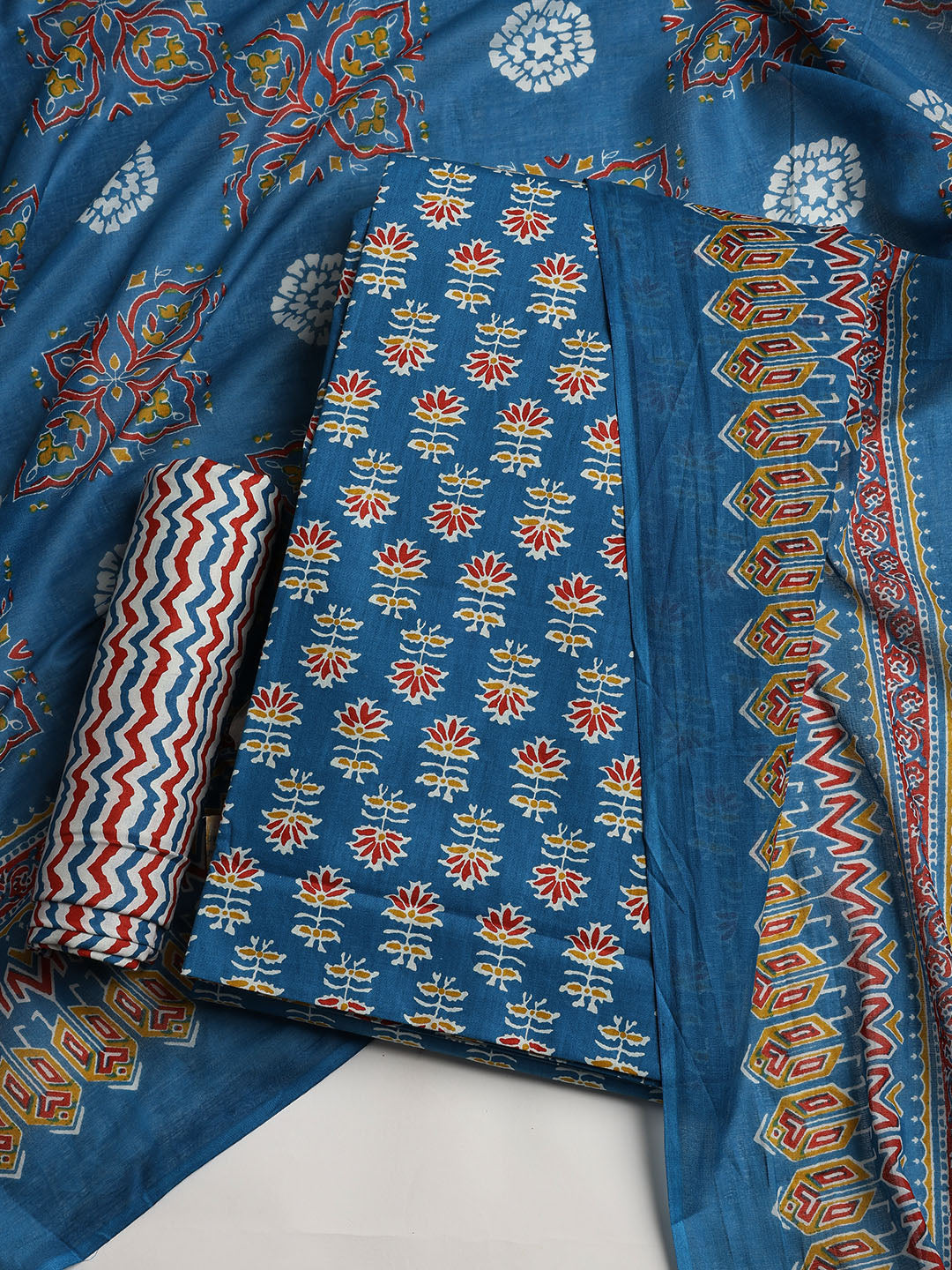 Printed Cotton Blend Unstitched Suit With Dupatta