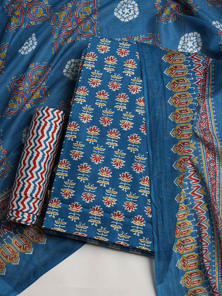 Printed Cotton Blend Unstitched Suit With Dupatta