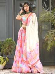 Abstract Print Satin Unstitched Lehenga Choli With Dupatta